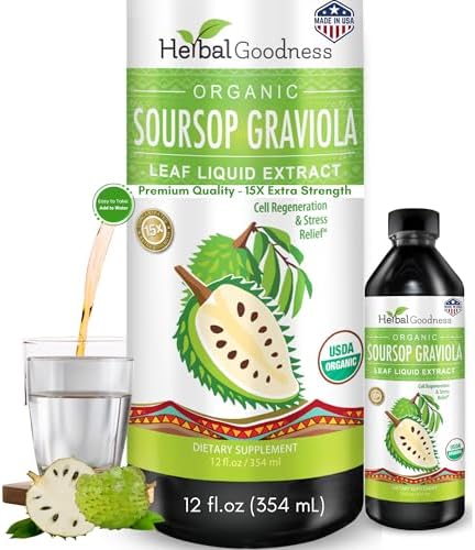 Herbal Goodness Soursop Graviola Liquid Drops Extract, Bitters 12Fl Oz | 15X Strength Organic Guanábana Hoja, Soursop Leaves Extract for Gut Health, Cell & Immune Support, Vegan, Non-GMO