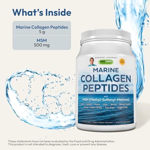 Andrew Lessman ProCaps Marine Collagen with MSM Powder 30 Servings | Marine Collagen with MSM supports healthy skin, joints, bones, hair and nails in a pure, unflavored, super-soluble powder.