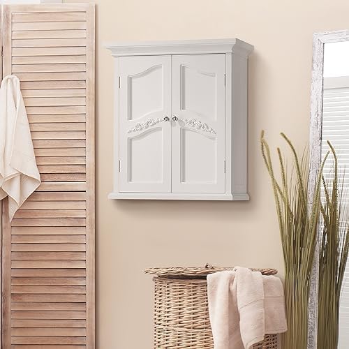 Teamson Home Versailles Wooden Floor Storage Cabinet and Wall Cabinet with Adjustable Shelves and Floral Scroll Doors, White