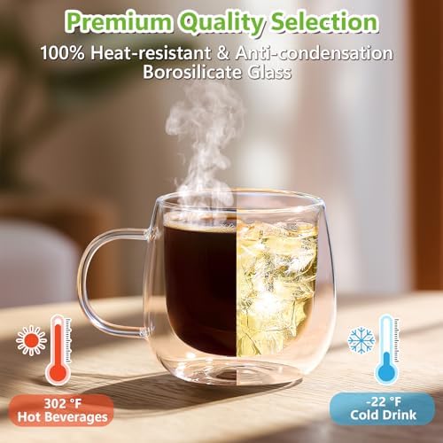 4 Pack Double Walled Glass Coffee Mugs, 16 oz Large Insulated Clear Coffee Cups with Handle, Cappuccino Mug for Espresso, Latte, Americano, Tea Bag