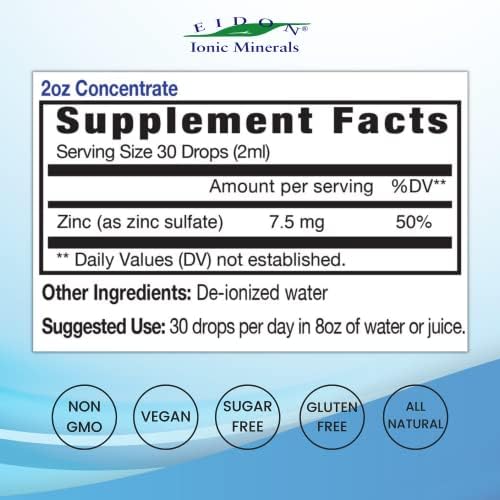 Eidon Ionic Minerals - Liquid Zinc Concentrate, Ionic Zinc Sulfate - 2 oz | Supplement Drops for Men, Women, & Kids, Support Immune System, Hair and Skin, Liver and Kidney Health