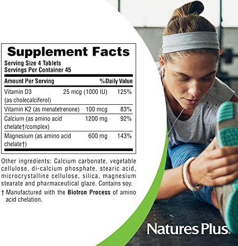 NaturesPlus Calcium/Magnesium/Vitamin D3 with Vitamin K2 - Supports Bone & Immune Health - Vegetarian, Gluten Free - 180 Tablets - 45 Servings