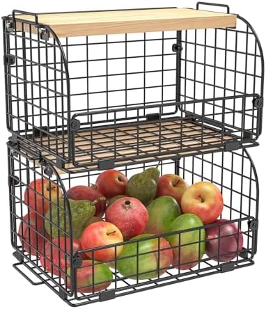 2 Set Stackable Wire Basket with Openable Top, Kitchen Counter