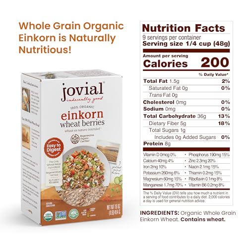 Jovial Einkorn 100% Organic Wheat Berries - Einkorn Berries, Organic Farro, High Protein, Non-GMO, USDA Certified, Lower Carb, Whole Grain, Product of Italy - 16 Oz