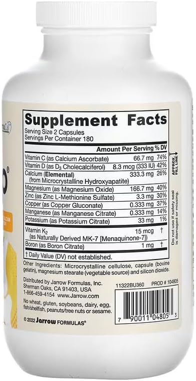Jarrow Formulas BoneUp, 1,000mg Calcium Per Day, 240 Capsules | Bone Density Support, MCHA Calcium, Vitamins D3 & K2, Provides Skeletal Nutrition, Strong Bone Support, 40 Day Supply