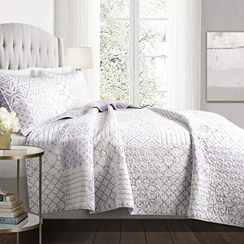 Lush Decor Monique 3 Piece Reversible Print Pattern Blue Quilt Set - Full Queen