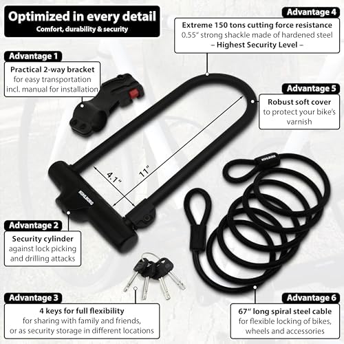 KOHLBURG Highest Security U Lock [Sold Secure Diamond] Bike Lock, 4 Keys