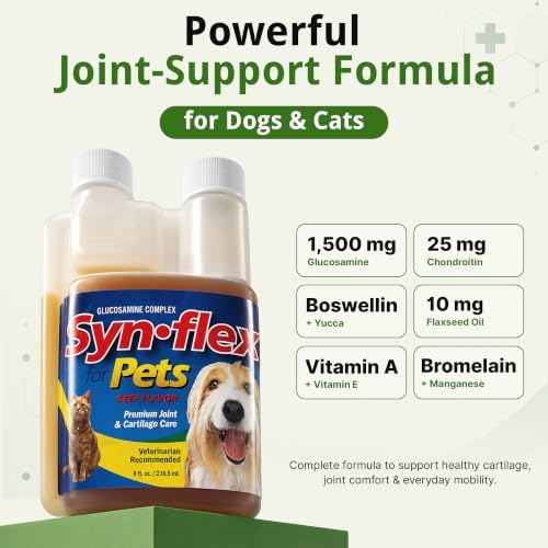 Synflex Concentrated 8oz Joint Supplement Bottle | Glucosamine Chondroitin Liquid for Dogs & Cats | Boswellia Yucca Manganese | Beef Flavor | Made