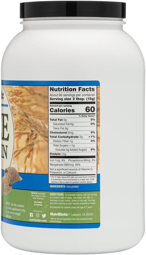 NutriBiotic Plain Rice Protein, 3 Lb (1.36kg) | Low Carb, Vegan & Raw Protein Powder | Grown and Processed Without Chemicals