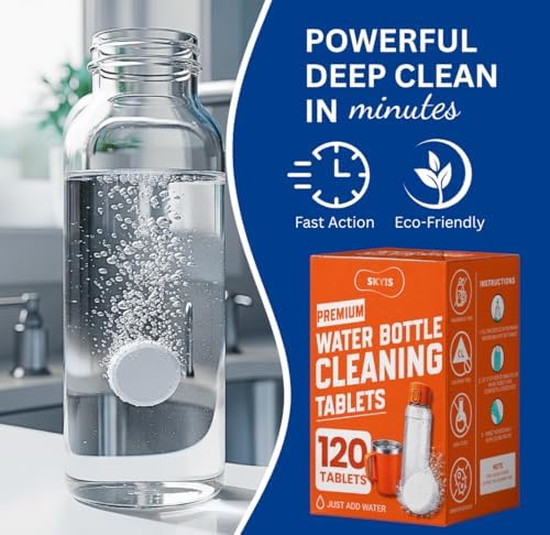 Skyis Water Bottle Cleaning Tablets 120 Pack, Up to 2 Years Supply, No Scrub Bottle Cleaner for Stainless Steel, Tumbler, Hydration Bladder