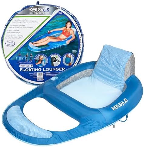 Kelsyus Spring Float Pool Lounger Chair, Light Blue | Fast Inflation for Immediate Use During Travel, Fits Most Adults and Teens