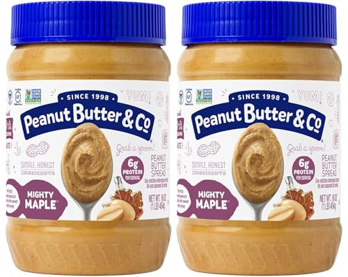 Peanut Butter & Co. Mighty Maple Peanut Butter, 16 oz (2 Pack) | Non-GMO Project Verified, Gluten Free, Kosher, 6g Protein, Maple Peanut Butter, USA-Grown Peanuts, No HFCS, Breakfast Spread