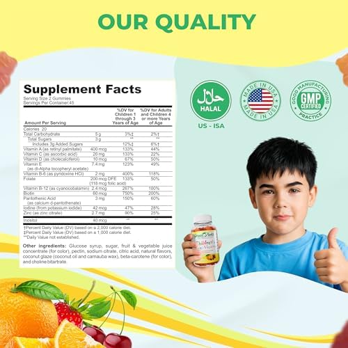 Greenfield Nutritions Halal Multivitamin for Kids – Gelatin-Free Halal Kids Multivitamin Gummies with Vitamins A, B, C, D