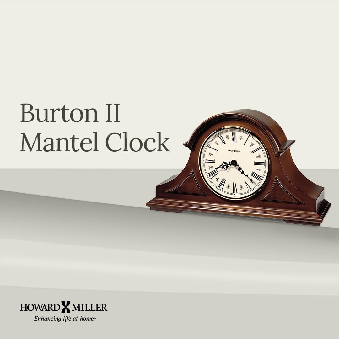 Howard Miller Burton II Mantel Clock – Windsor Finish, Triple-Chime Quartz Movement, Roman Numerals, Volume Control, Nighttime Shutoff