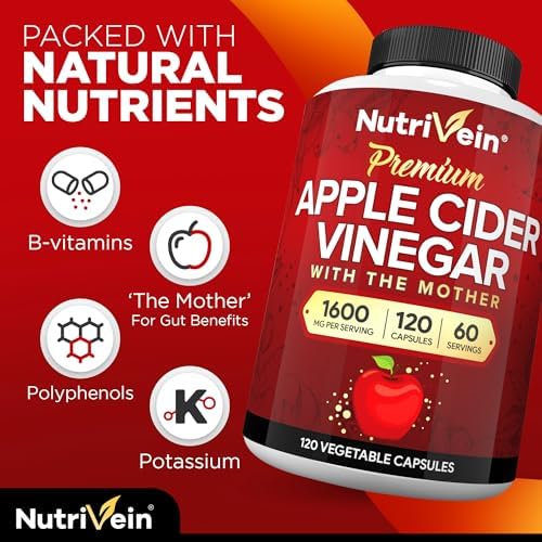 Nutrivein Apple Cider Vinegar Supplement with Mother 1600 mg - 120 Capsules | Unfiltered ACV pills for men and women. Supports digestion