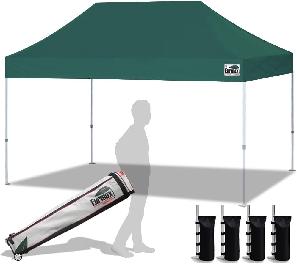 Eurmax USA 10x10ft Pop Up Canopy,Commercial Instant Tent for Outdoor Events,Patented No-Tip Rolling Storage Bag with 4 Sandbags,UV & Water Resistant,Heavy Duty Portable Shelter Gazebo,Black