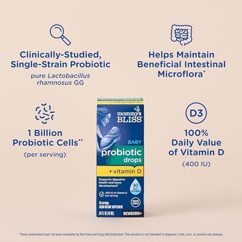 Mommy's Bliss Baby Probiotics + Vitamin D Drops, Supports Digestive Health & Immune Function*, 400IU Vitamin D , Supports Bone Development*, Newborns+, Flavorless, 0.34 Fl Oz (30 Servings)