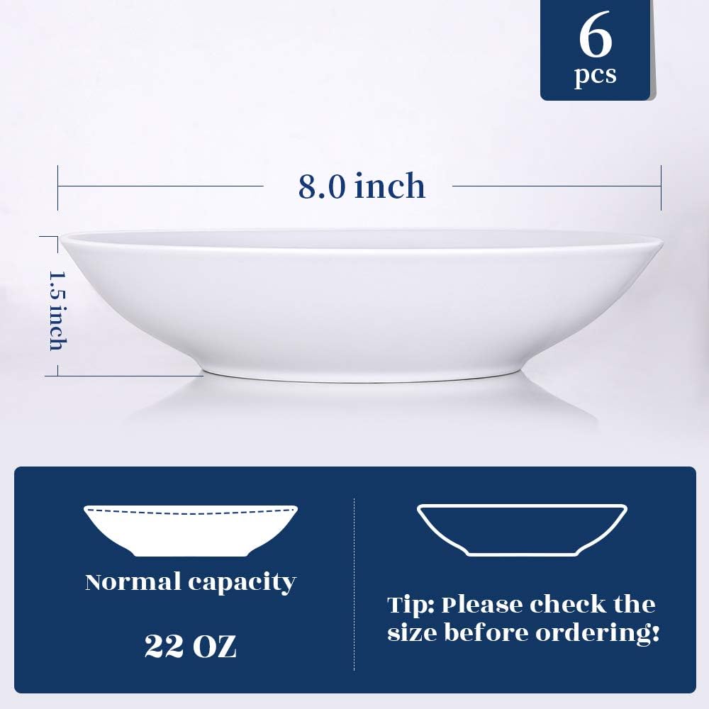Y YHY 9" Pasta Bowls, 40oz Large Salad Bowls Set of 6, Wide Shallow Ceramic Bowls for Serving Soup, White Dinner Plates Set for Kitchen