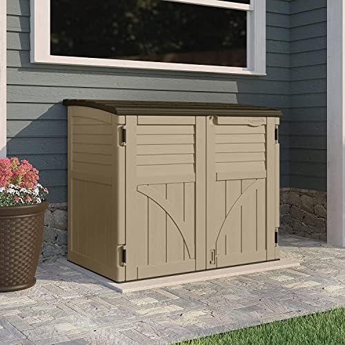 Suncast Horizontal Shed, Compact Outdoor Storage System, 34 Cu. Ft. Capacity, Sand & Slate - Lockable Multi-Wall Resin Organizer for Garbage Cans