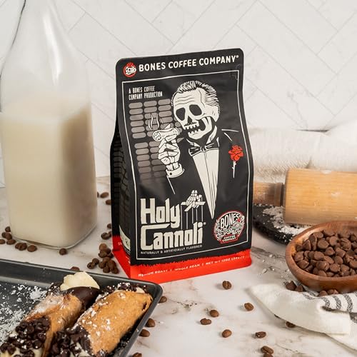 Bones Coffee Company Highland Grog, Butterscotch Caramel Flavored Coffee, Medium Roast Low Acid Arabica Beans Compatible with Auto drip and French Press Coffee Maker, 12 Oz Whole Bean