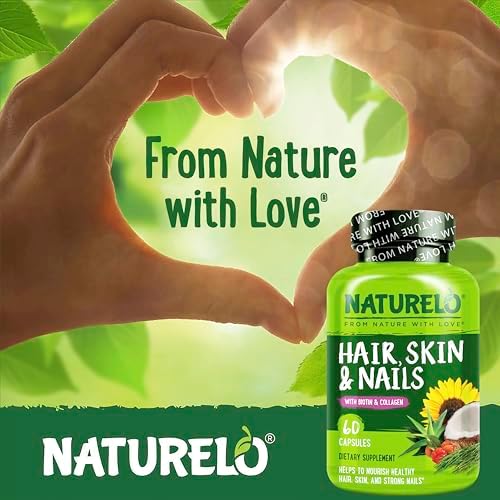 NATURELO Hair, Skin and Nails Vitamins - Biotin, Collagen - 60 Capsules | 5000 mcg, natural vitamin E, healthy skin