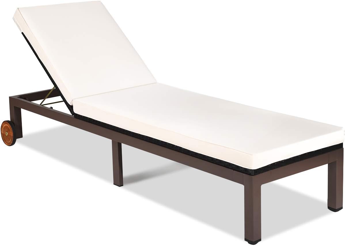 Tangkula Patio Chaise Lounge Chair, Outdoor Rattan Lounger Recliner Chair with Wheels, Wicker Chaise Chair W/Cushioned Seating