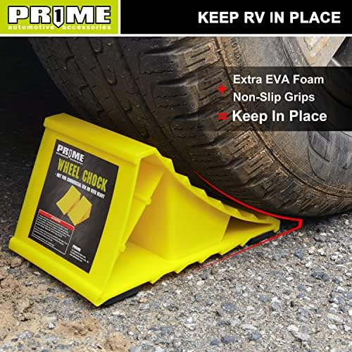 PR1ME Wheel Chocks with Non-Slip Base for RV & Trailer. 2 Pack Heavy Duty Wheel Chock with Bright Yellow. Lightweight Wheel Stoppers for Cars Camper