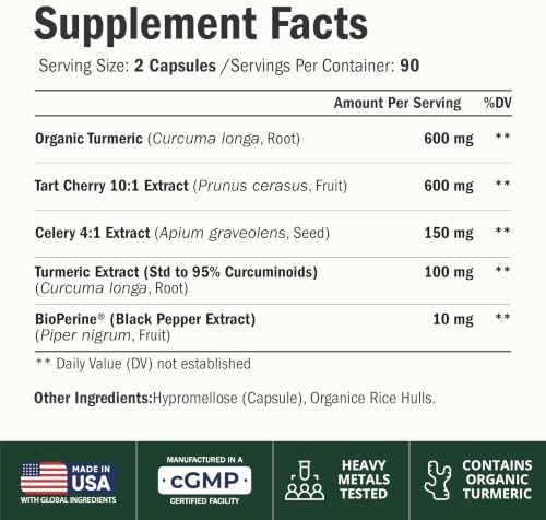 Tart Cherry Capsules – 4-in-1 Turmeric Tart Cherry Supplement for Uric Acid Balance & Joint Health – 10:1 Tart Cherry Extract Capsules with Celery Seed, Turmeric Curcumin & Black Pepper – 60 Count