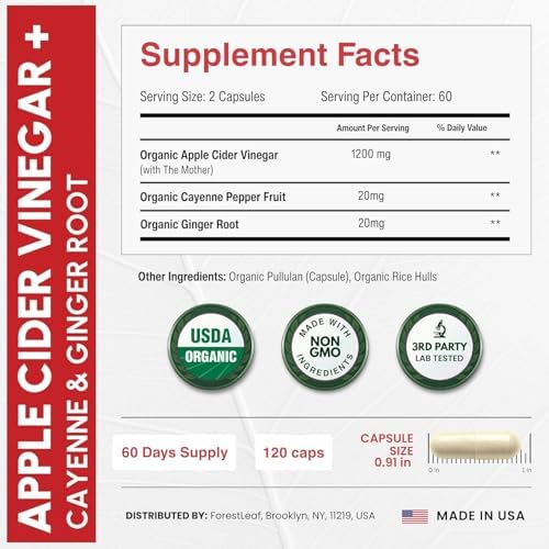 USDA Organic Apple Cider Vinegar Capsules with Mother, 1200 mg | Vegan & Non-GMO | Apple Cider Vinegar Pills with Cayenne Pepper & Ginger Root | 120 Caps