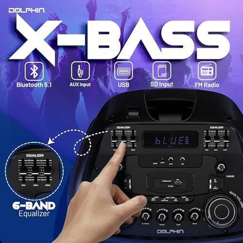 Dolphin Bluetooth Party Speaker with UHF Wireless Microphone, Dual 15" | 100W RMS, X-BASS, WaveSync TWS, LED Lights, USB, TF/SD, AUX, FM