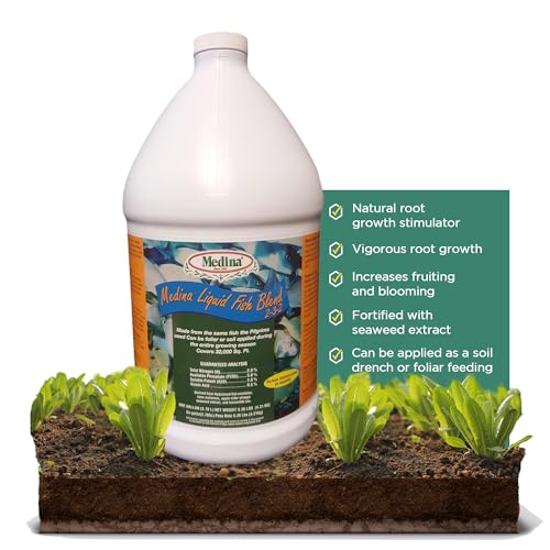 Medina Liquid Fish Blend Fertilizer 2-3-2, 1 Gallon | Gro, Bloom, and Lush Gardens, Seaweed Enriched Plant Food, Vibrant Growth and Blooms, Available