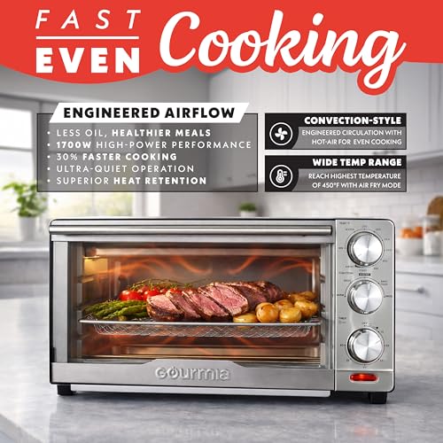 Gourmia Air Fryer Toaster Combo - 6-in-1 Multi-function Countertop Oven Adjustable Temperature & Timer, Fry Basket, Baking Pan