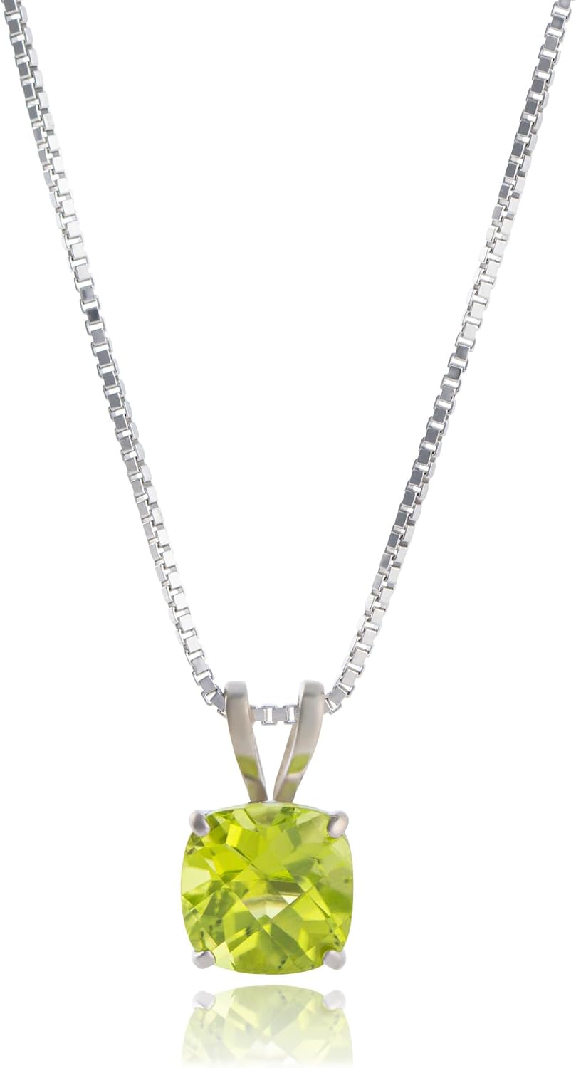MAX + STONE 925 Sterling Silver Cushion Cut Birthstone Necklace for Women | 6mm Hypoallergenic Solitaire Necklace | Gemstone Pendant Necklaces with 18 inch Box Chain