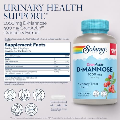 SOLARAY D-Mannose with CranActin Cranberry 400 mg, 60 VegCaps | Urinary Tract & Bladder Support - D-Mannose, CranActin Cranberry & Vitamin C - 30 Servings - Vegan, Lab Verified