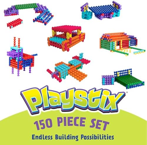 POPULAR PLAYTHINGS Playstix Construction Toy Set, 150 Piece Kit | for Kids Ages 4 and Up, Building Sticks for STEM and Classroom Use