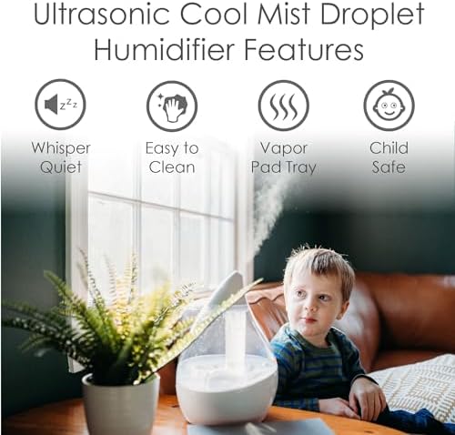 Crane Droplet Ultrasonic Small Air Humidifiers for Bedroom and Office, 0.5 Gallon Cool Mist Humidifier for Plants and Home, Humidifier Filters Optional, Blue and White