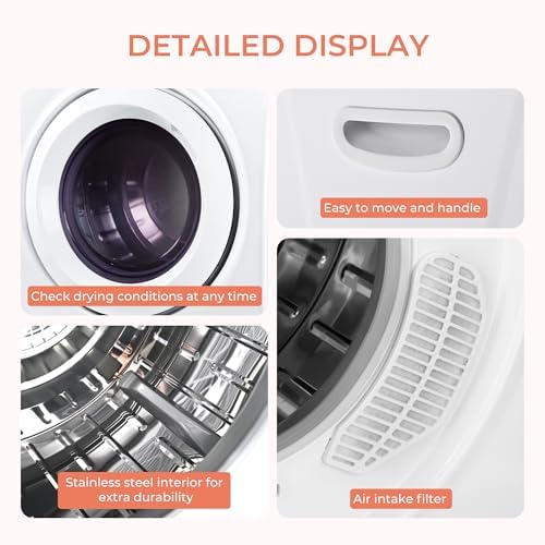 Euhomy Compact Laundry Dryer, 3.5 cu ft Front Load Stainless Steel Clothes Dryers With Exhaust Pipe, 1500W