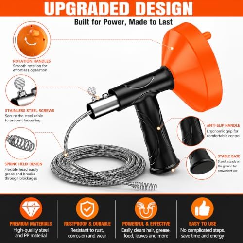 33 Feet Drain Snake Auger, Plumbing Snake Drain Hair Clog Removal Tool, Sink Unclogger Drain, Heavy Duty Drum Auger