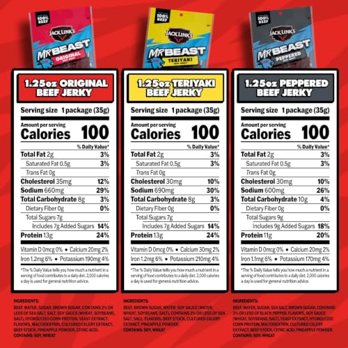 Jack Link's MrBeast Beef Jerky, Peppered Beef Jerky - 10 Count | As Seen on Beast Games, 11g Protein, Made with 100% Real Beef, Pantry-Ready Snacks
