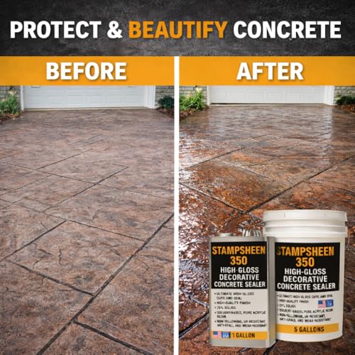 High Gloss Wet Look Decorative Concrete Sealer – Solvent-Based Acrylic Cure & Seal, UV-Resistant, Non-Yellowing Protective Film – Concrete & Paver Sealer for Outdoor Surfaces - Stampsheen 350 5gl
