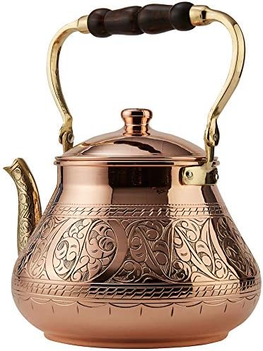 DEMMEX Large Copper Teapot, 1mm Thick, Engraved, Handcrafted in Turkey, 3.1 Quarts (2.9L)