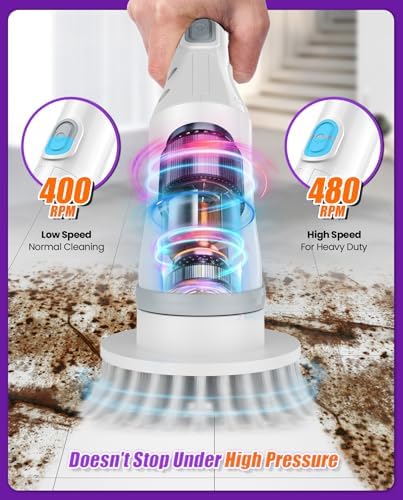 6-in-1 Cordless Electric Spin Scrubber with Long Handle | Power scrubber, bathroom scrubber, 47.2 in long handle, 2 speed scrub brush, IPX7 rated body, kitchen, tile, tub, floor