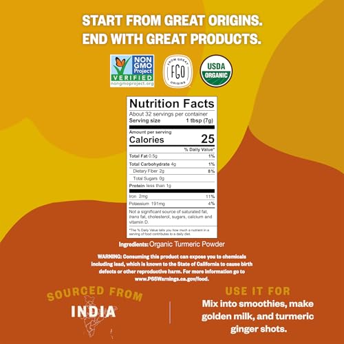 FGO Organic Turmeric Powder w/Curcumin, 8oz Resealable Pouch, USDA Organic and Non-GMO, Sourced from India, Packaging May Vary (Pack of 1)