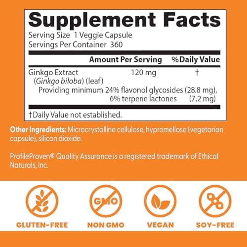 Doctor's Best Extra Strength Ginkgo Biloba Capsules 120 mg - Brain Supplement for Memory and Focus Support, Herbal Cognitive Health Support- 120 Count (Pack of 1)