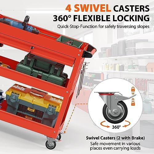 3-Tier Heavy Duty Utility Cart on Wheels, Rolling Tool Cart on Wheels with a Drawer, 350 Lbs Load Capacity Service Cart for Warehous, Garage and Repair Shop (Black)