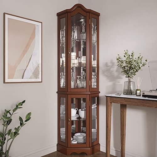 BELLEZE Lighted Corner Display Curved Top Curio Cabinet Wooden Shelving Unit with Tempered Glass Door