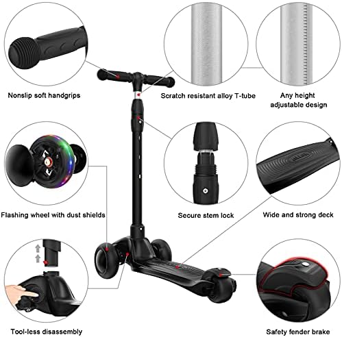 Allek Kick Scooter B03, Lean 'N Glide 3-Wheeled Push Scooter with Extra Wide PU Light-Up Wheels