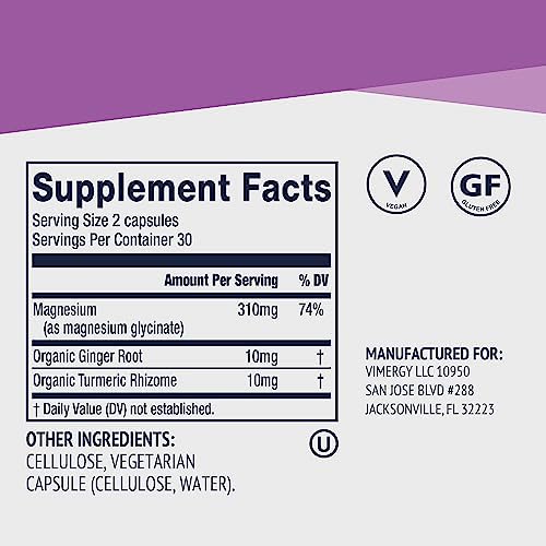 VIMERGY Magnesium Glycinate Supplement, Vegan, 180 Capsules, 90 Servings
