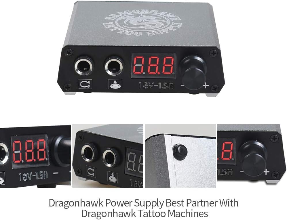 Dragonhawk Traditional Pro Complete Tattoo Kit - Two Machines Gun Easy Use Color Ink Power Supplies Disposable Needles Grips Great for Beginners &
