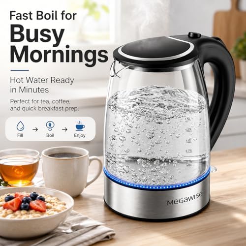 MEGAWISE 1.8L Electric Glass Kettle with Auto Shut-Off and Blue LED